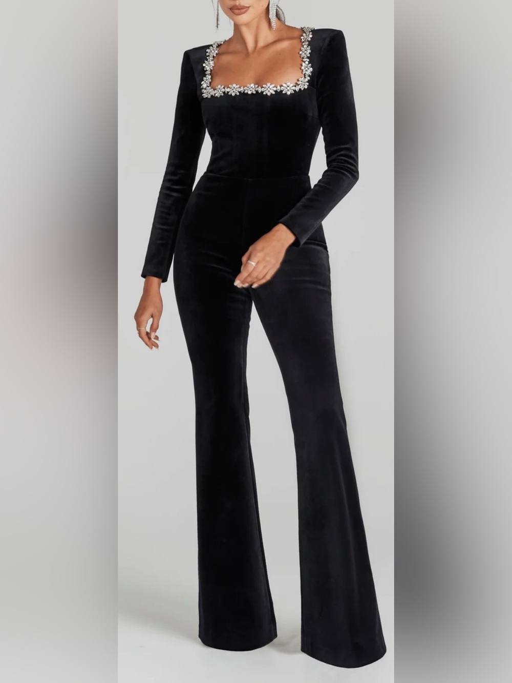 NEW NADINE MERABI Kimberly Rhinestone Trim Black Velvet Long sleeves Jumpsuit 4